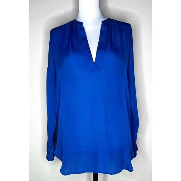 Vince Silk Popover Top Cobalt Blue XS/P Blouse Oversized Long Sleeve V-Neck $325